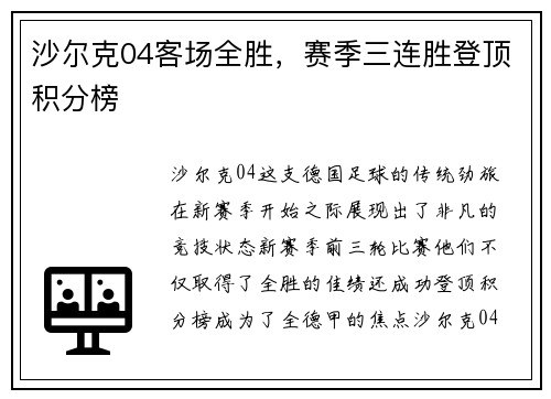 沙尔克04客场全胜，赛季三连胜登顶积分榜